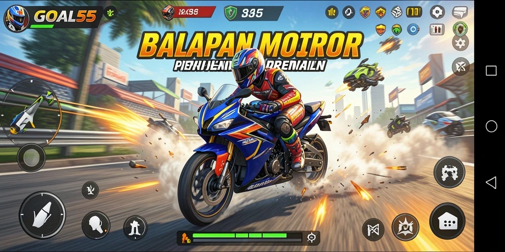Screenshot gameplay GOAL55 yang menunjukkan aksi balap motor yang seru.