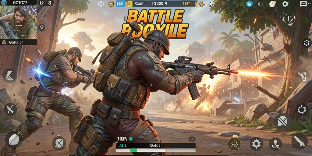 Screenshot gameplay GOTO77 menunjukkan pertempuran seru di arena.