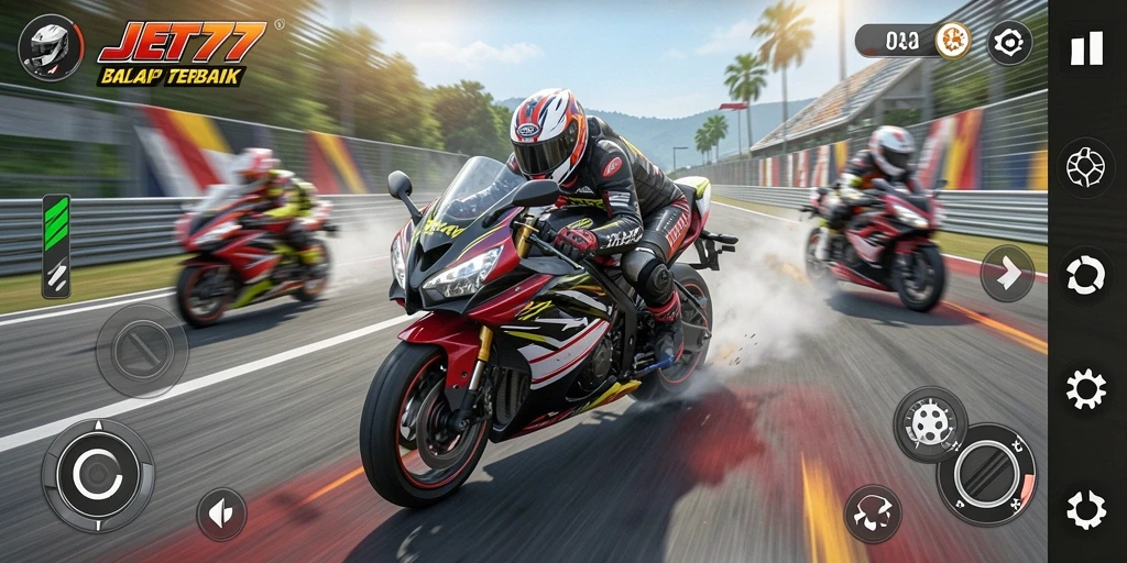 Tampilan gameplay JET77 yang mendebarkan dan penuh aksi balap motor.
