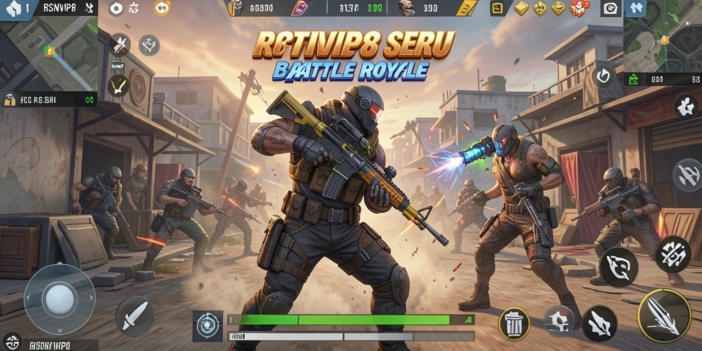 Screenshot utama RSNVIP8 menampilkan aksi intens Battle Royale.