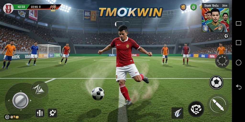 Screenshot utama TMOKWIN menampilkan aksi pertandingan sepak bola yang menegangkan.